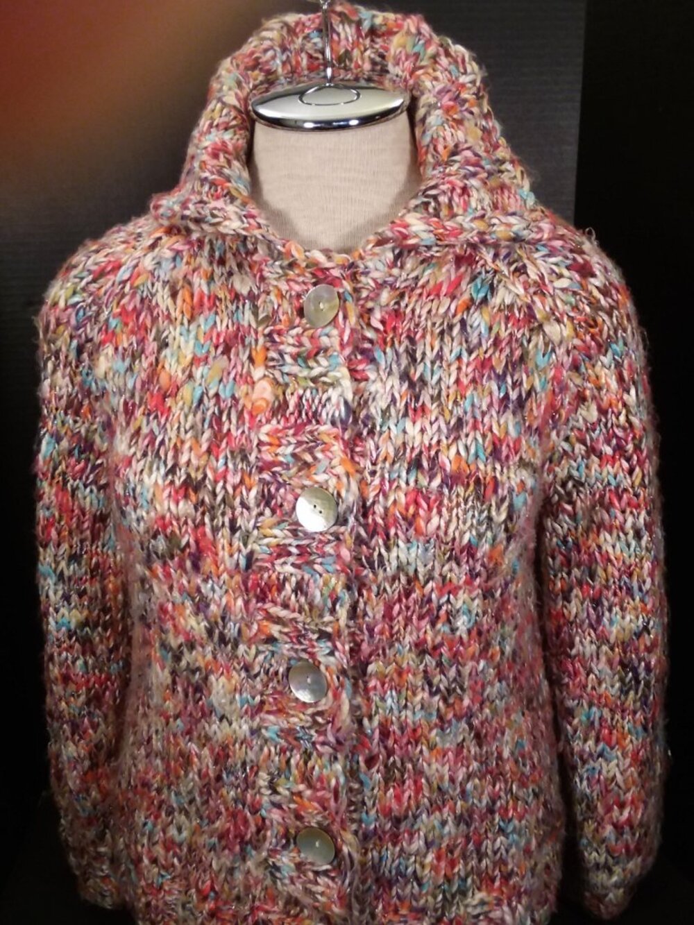 Women's CHICO'S Size 2 Large Pink Orange Aqua Jumbo Button Front Chunky Cardigan